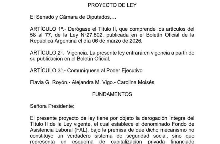 Tras la suspensión judicial, una senadora que apoyó la Reforma Laboral en general presentó un proyecto para derogar el FAL
