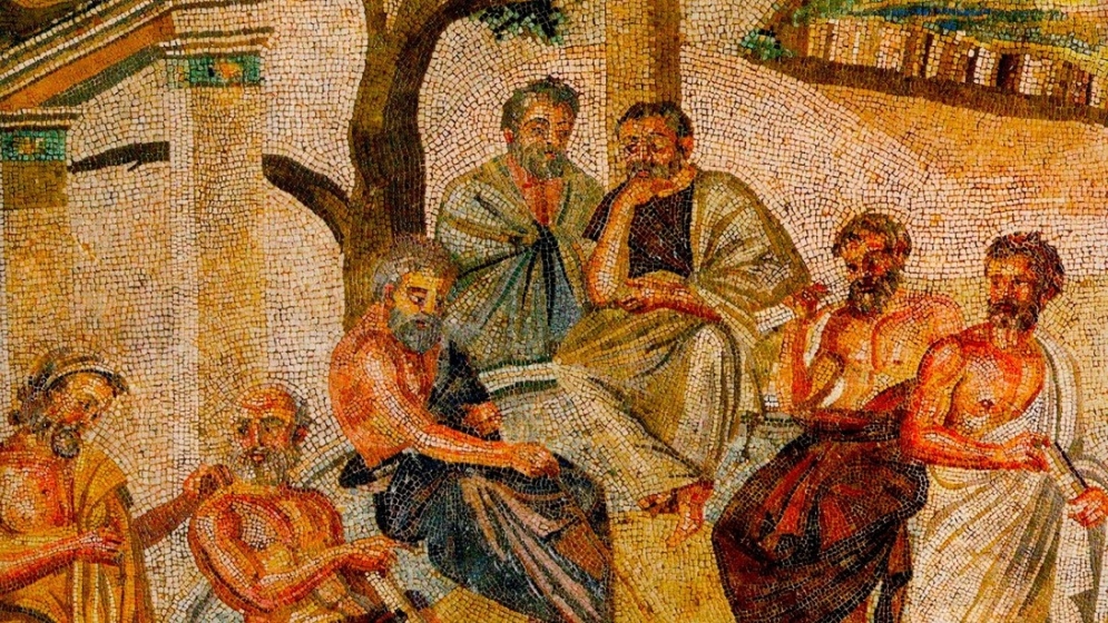 Mosaico del siglo I hallado en Pompeya que representa a la Academia de Platón. 