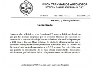 Paro nacional :transporte urbano e interurbano en San Luis hasta las 16:00